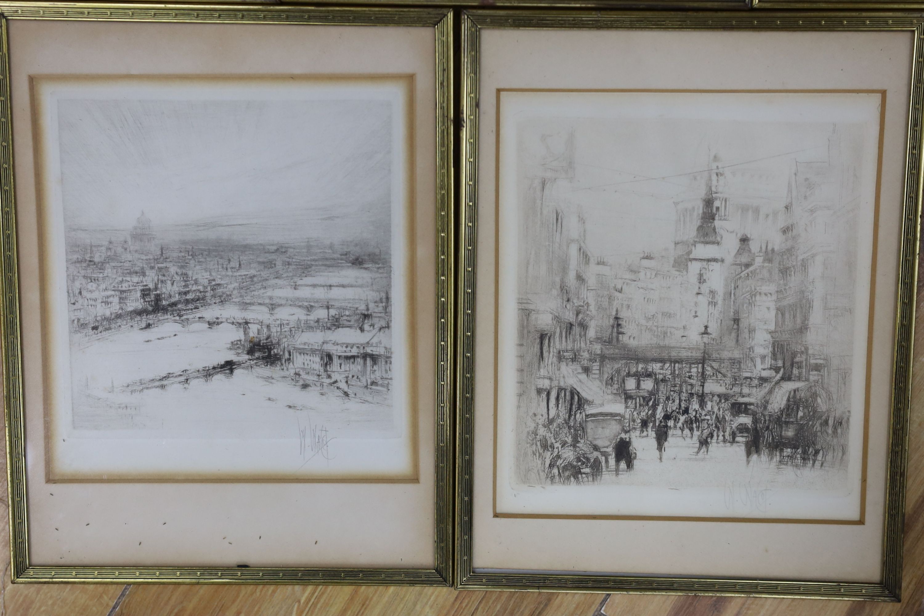 William Walcot (1874-1943), five dry point etchings: Westminster Abbey, Charring Cross, Ludgate Hill, London, Hadrian entering Salonica, signed in pencil, 9 x 12.5cm